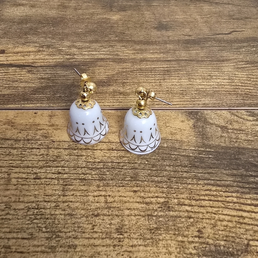 Gold Tone  and White Bell Earrings